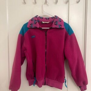 Vintage Retro Aztec Geometric 80s Columbia Pink & Teal Fleece Zip Jacket